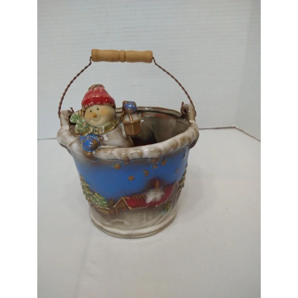 Small Snowman Ceramic Gift Bucket Wood Handle Winter Village Christmas Holiday